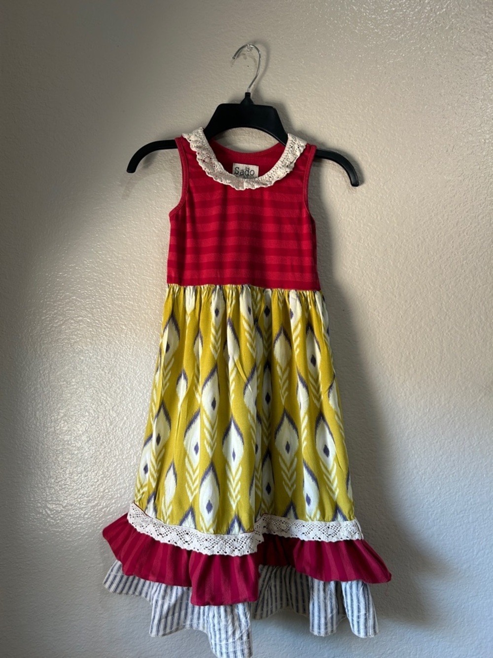 Sado Girls' Red & Yellow Sleeveless Stripes Patterned Dress with Lace Trim Sz 5